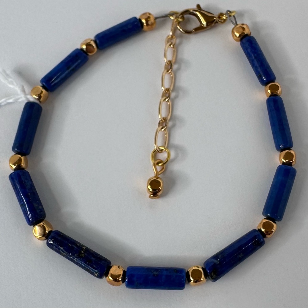 HAND CRAFTED BRACELET Lapis Lazuli Tubes Gold Spacers Lobster Claw Clasp NWT - Picture 9 of 15
